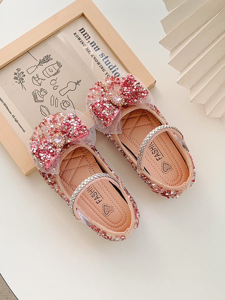 Модерни детски обувки с панделка и цветни камъни