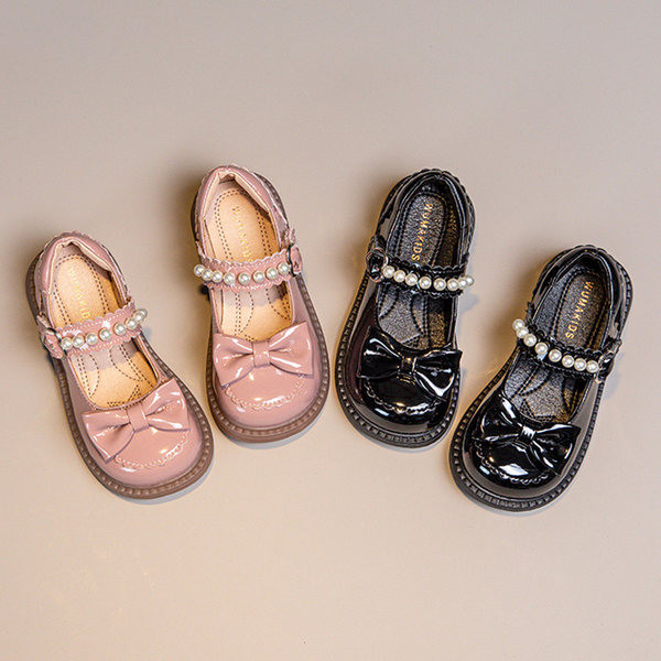 Pantofi la modă pentru copii din piele lăcuită cu panglică și perle pentru fete