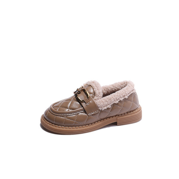 Pantofi din piele pentru fete cu captuseala calda si element metalic