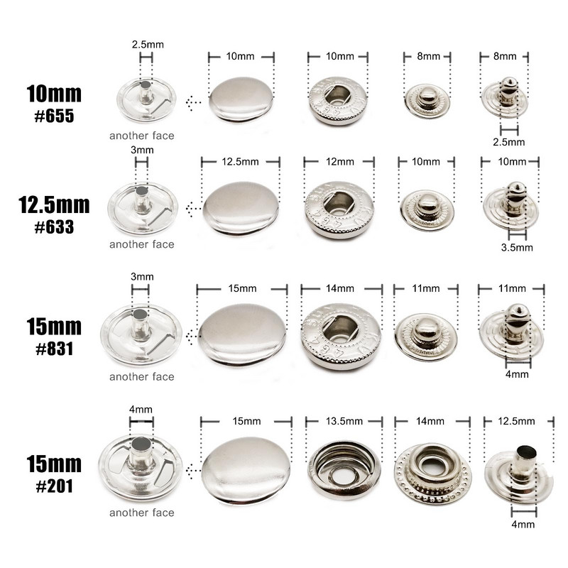 25 seturi # 655 # 633 # 831 # 201 Metal Fără cusut Închidere rapidă Buton Apăsați Popper Stud Piele Geantă Haine Jachetă Reparare Nit DIY