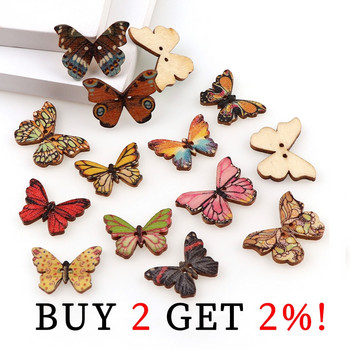 50PC 2 дупки 3 размера Цветни пеперуди Дървени копчета Подходящи за шиене и скрапбукинг Бутони за шиене за занаяти Направи си сам Смесени