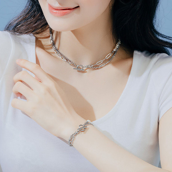 Bratara de dama din otel titan cu dublu strat cu perle