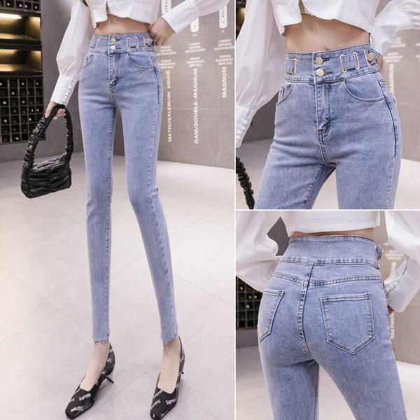Paprasti moteriški džinsai aukštu juosmeniu