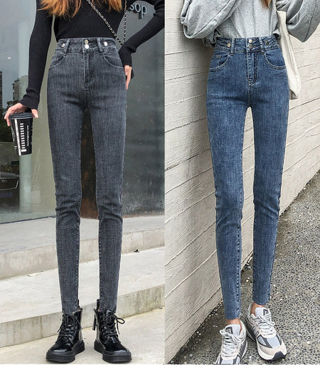 Ženske elastične traperice visokog struka s kopčanjem na gumb