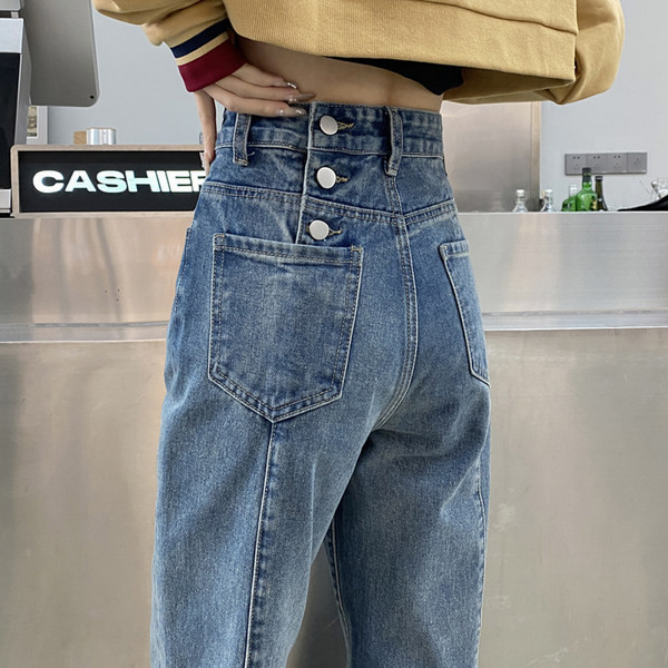 Uus kõrge vöökohaga naiste teksapükste mudel - sinine värv