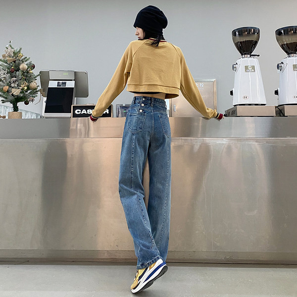 Uus kõrge vöökohaga naiste teksapükste mudel - sinine värv