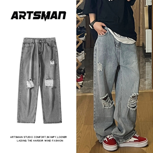 Ανδρικό τζιν με φαρδιά εφαρμογή με τσέπη και σκισμένο μοτίβο