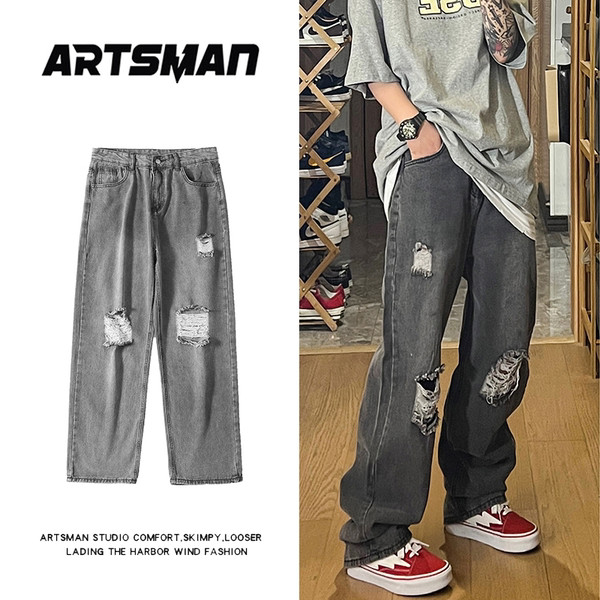 Ανδρικό τζιν με φαρδιά εφαρμογή με τσέπη και σκισμένο μοτίβο