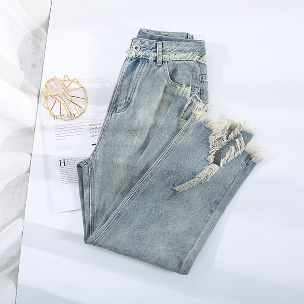 Ženske široke traperice s poderanim motivima i visokim strukom