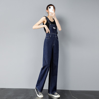 Casual γυναικεία ολόσωμη φόρμα με τιράντες - μπλε και μαύρο χρώμα