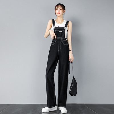 Casual γυναικεία ολόσωμη φόρμα με τιράντες - μπλε και μαύρο χρώμα