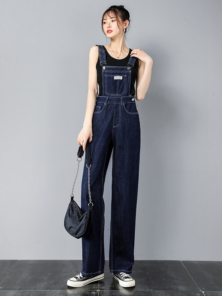 Casual γυναικεία ολόσωμη φόρμα με τιράντες - μπλε και μαύρο χρώμα