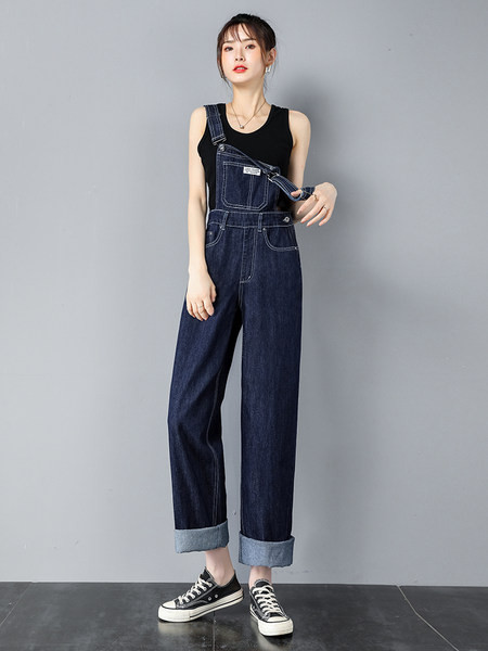 Casual γυναικεία ολόσωμη φόρμα με τιράντες - μπλε και μαύρο χρώμα