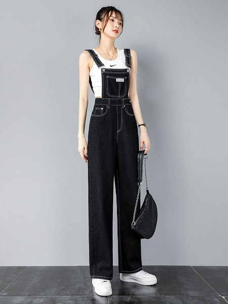 Casual γυναικεία ολόσωμη φόρμα με τιράντες - μπλε και μαύρο χρώμα