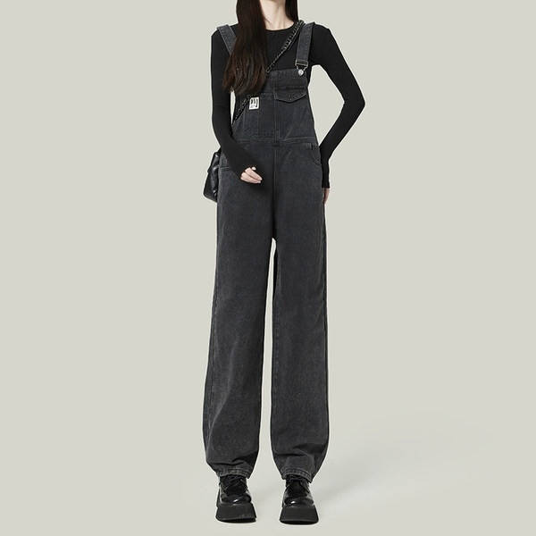 Γυναικεία τζιν ολόσωμη φόρμα με τιράντες - μαύρο χρώμα