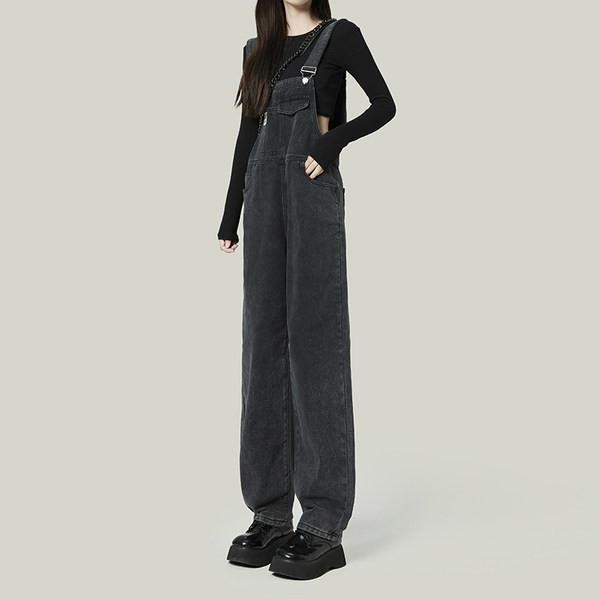 Γυναικεία τζιν ολόσωμη φόρμα με τιράντες - μαύρο χρώμα