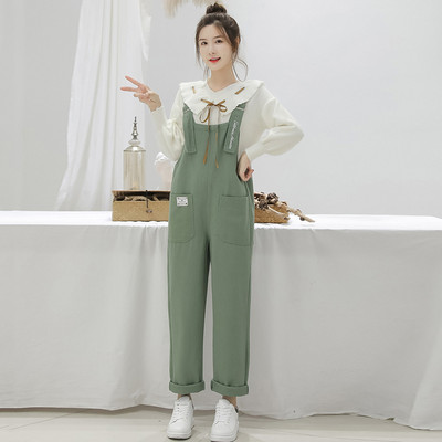 Salopeta casual dama cu buzunare - culoare verde si bej