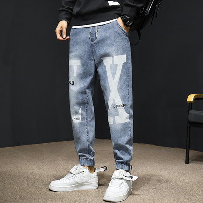 Ανδρικό casual τζιν με κορδόνια και στάμπα