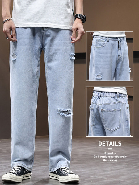 Laia istuvusega meeste teksad, millel on rebenenud motiivid