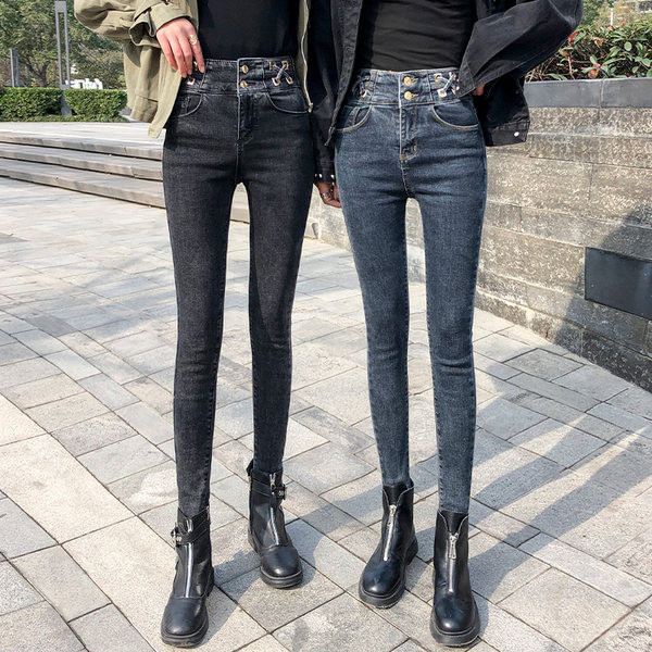 Naiste kõrge vöökohaga elastsed teksad