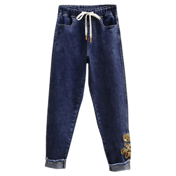 Plataus modelio moteriški džinsai su raišteliais ir siuvinėjimais