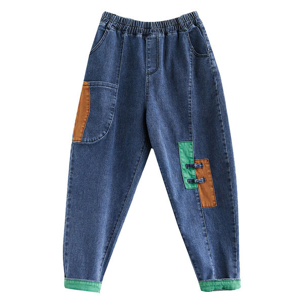 Naujas moteriškų plačių džinsų modelis su elastingu juosmeniu ir kišenėmis