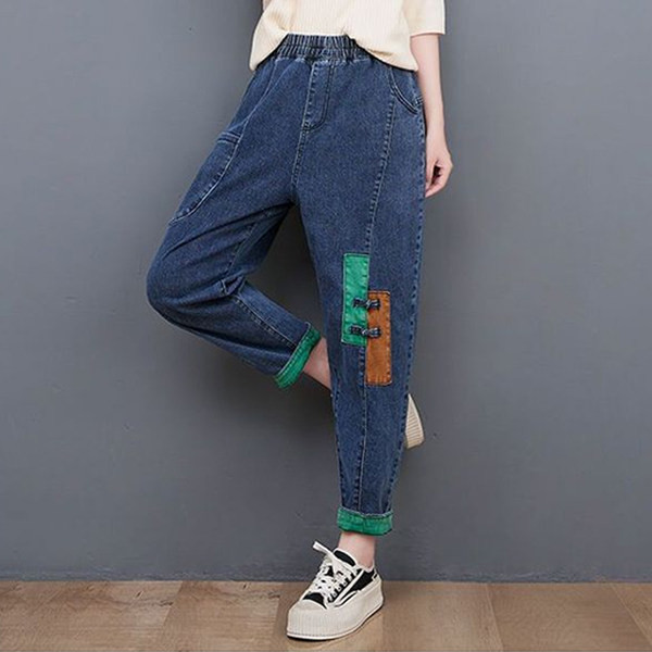 Naujas moteriškų plačių džinsų modelis su elastingu juosmeniu ir kišenėmis