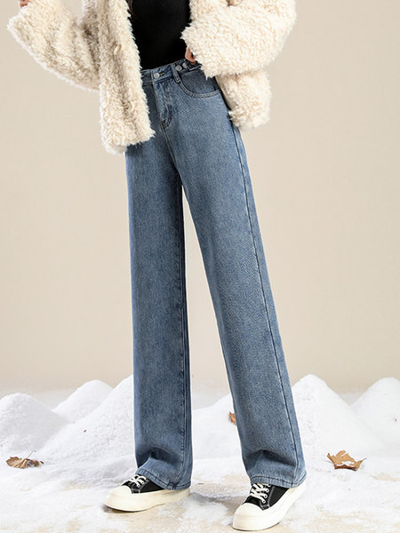 Γυναικείο φλις τζιν φαρδύ μοντέλο με ψηλόμεσο