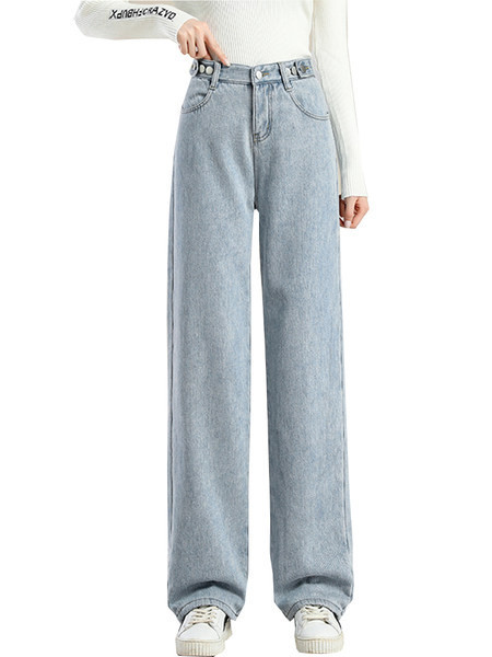 Γυναικείο φλις τζιν φαρδύ μοντέλο με ψηλόμεσο