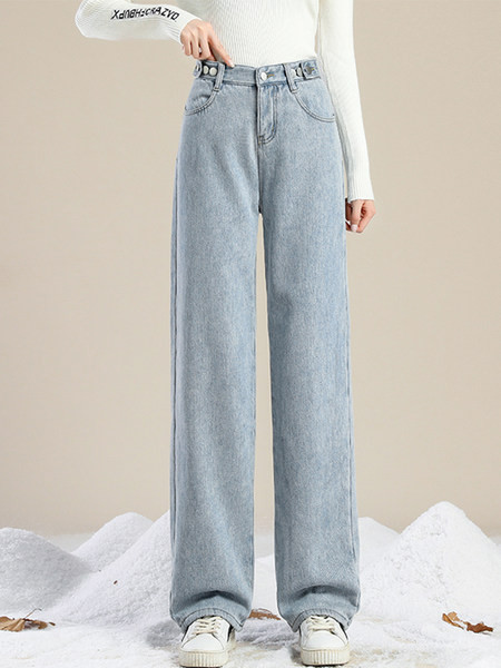 Γυναικείο φλις τζιν φαρδύ μοντέλο με ψηλόμεσο