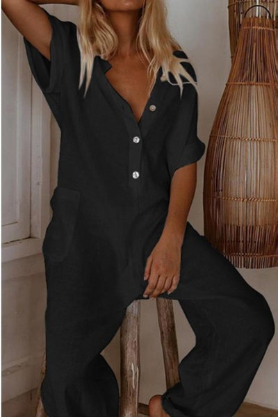 Γυναικεία ολόσωμη φόρμα με φαρδύ σχέδιο με λαιμόκοψη σε σχήμα V και κουμπιά