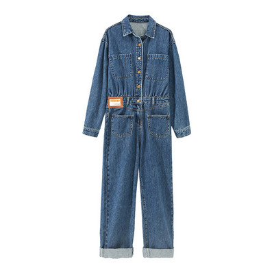 Ležerni ženski traper kombinezon s dugim rukavima i džepom