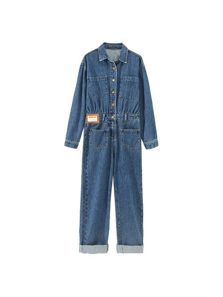 Ležerni ženski traper kombinezon s dugim rukavima i džepom