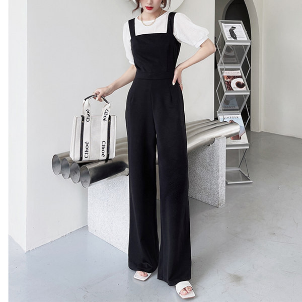 Νέο μοντέλο γυναικεία ολόσωμη φόρμα με τιράντες σε μαύρο χρώμα