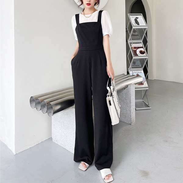 Νέο μοντέλο γυναικεία ολόσωμη φόρμα με τιράντες σε μαύρο χρώμα