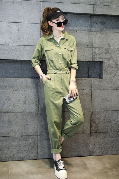 Salopeta casual dama cu maneci lungi - culoare maro si verde