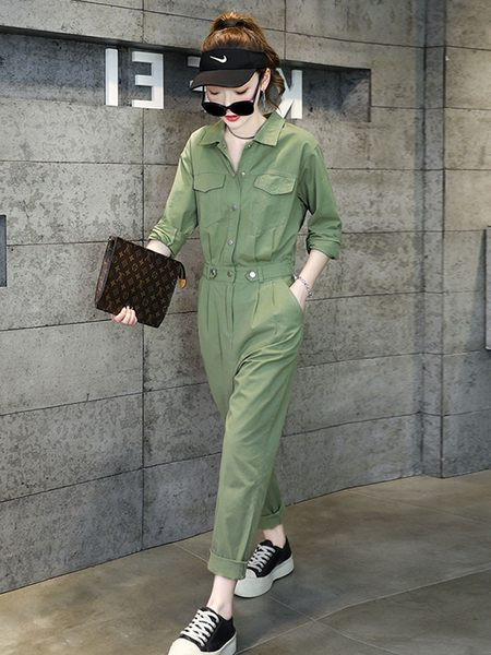 Salopeta casual dama cu maneci lungi - culoare maro si verde