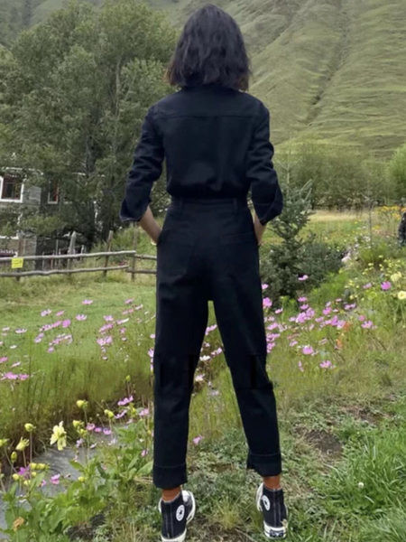 Γυναικεία τζιν ολόσωμη φόρμα με κουμπιά και τσέπη