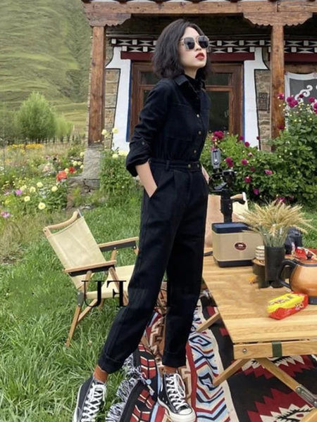 Γυναικεία τζιν ολόσωμη φόρμα με κουμπιά και τσέπη