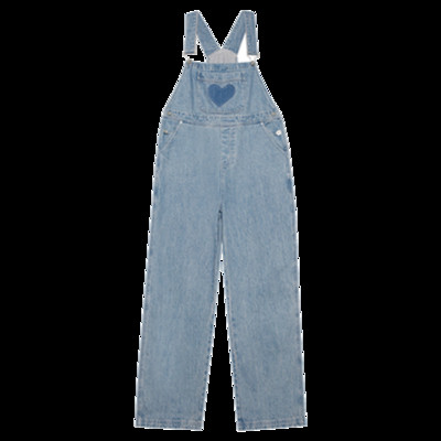 Γυναικεία τζιν ολόσωμη φόρμα με φαρδιά μπατζάκια και κεντημένη καρδιά