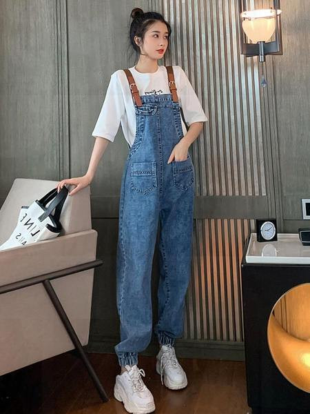 Φαρδιά τζιν ολόσωμη φόρμα με τσέπη