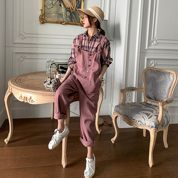 Salopetă din denim de culoare uni cu nasturi