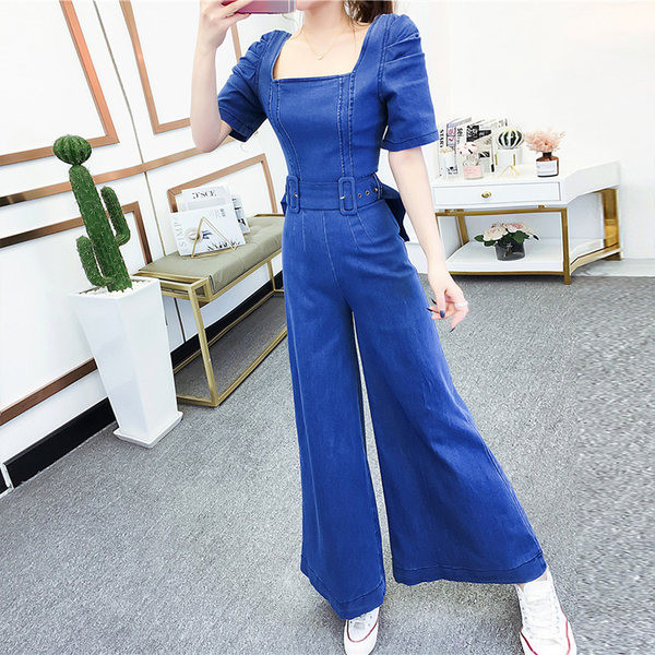 Μοντέρνα γυναικεία ολόσωμη φόρμα με ζώνη σε μπλε χρώμα