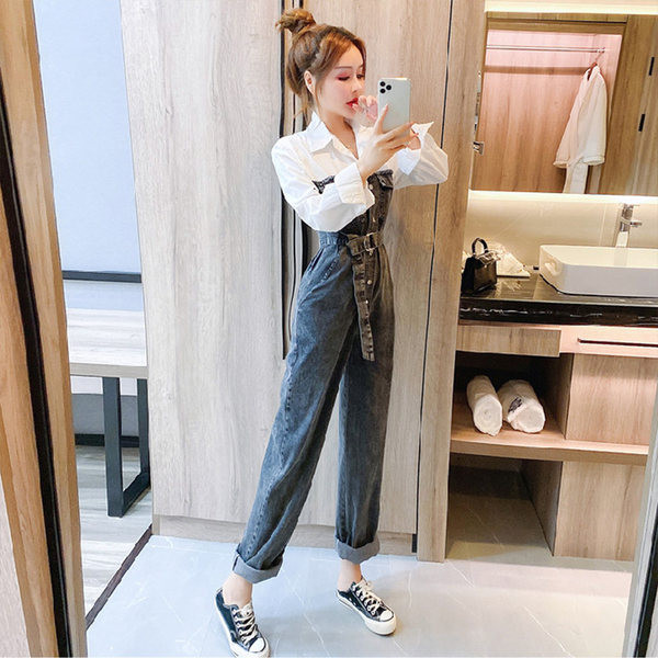 Ženski modni traper kombinezon s remenom oko struka