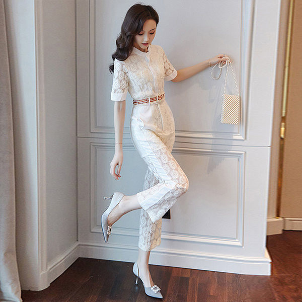 Μοντέρνα δαντέλα ολόσωμη φόρμα με μανίκια 3/4 και κούμπωμα με κουμπί για γυναίκες