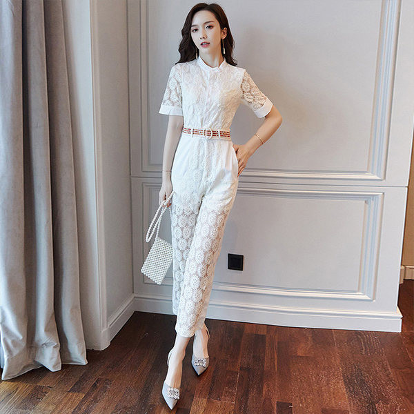 Μοντέρνα δαντέλα ολόσωμη φόρμα με μανίκια 3/4 και κούμπωμα με κουμπί για γυναίκες