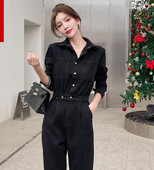 Salopetă de damă din denim cu guler clasic și mâneci lungi