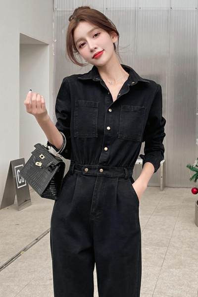 Salopetă de damă din denim cu guler clasic și mâneci lungi