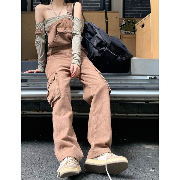 Ležerni ženski traper kombinezon s džepovima sa strane