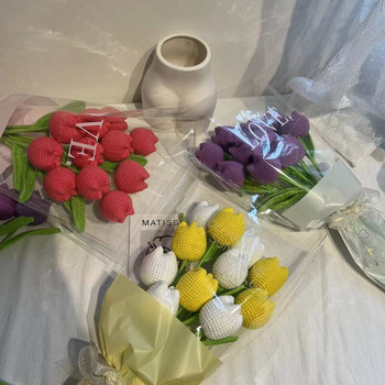 1 τμχ Πλεκτό λουλούδι τριαντάφυλλο τουλίπες ψεύτικα λουλούδια Μπουκέτο Διακόσμηση γάμου Χειροποίητο τραπέζι σπιτιού Διακοσμήστε δημιουργικό μπουκέτο πλεξίματος